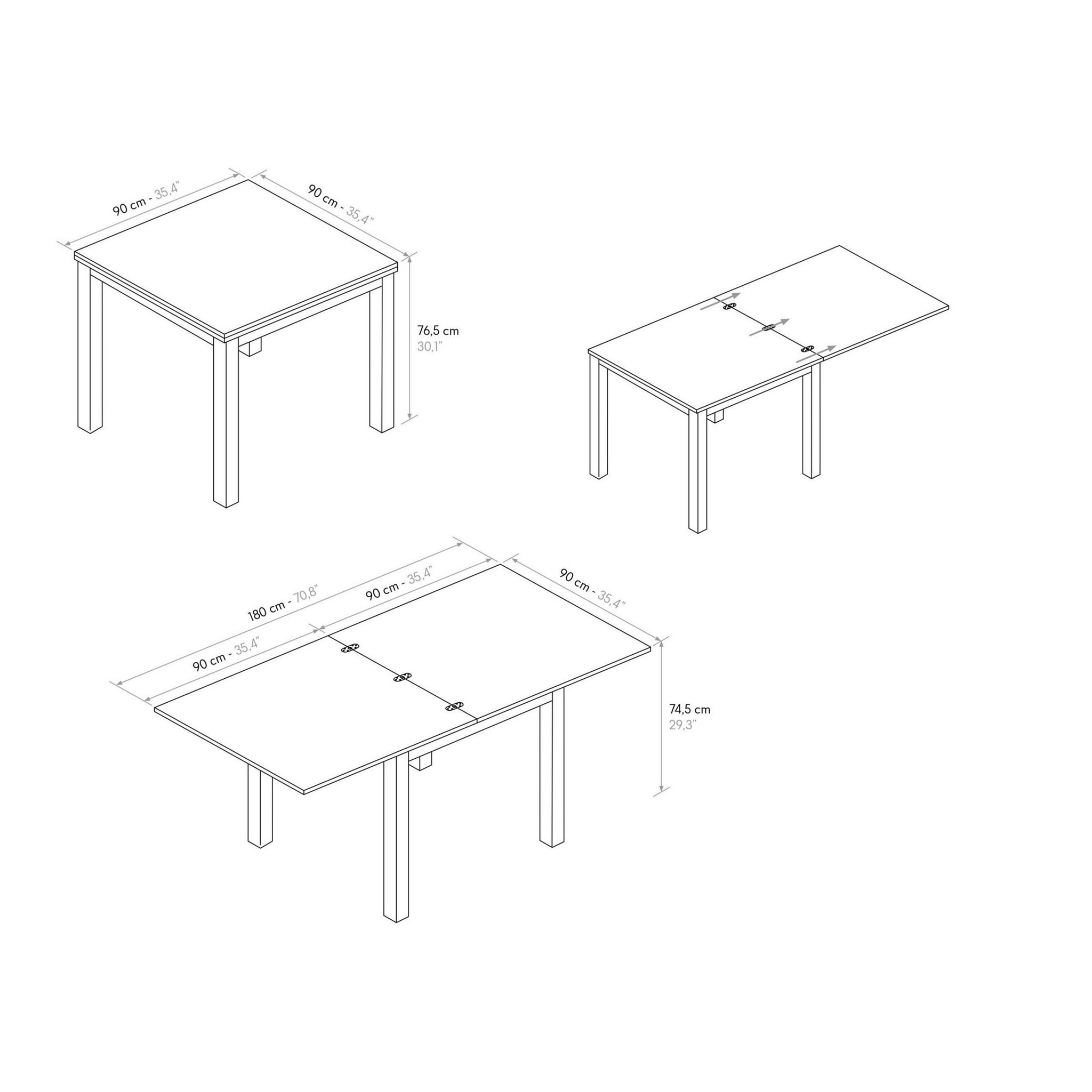 Tavolo POSITANO in legno effetto rovere e gambe bianche, allungabile a libro 90x90 cm - 180x90 cm