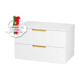Meuble Salle de Bains 80cm Laqué Blanc et Or Doré 2 Tiroirs - Vasque Blanche - Miroir & Applique Led