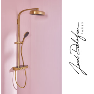 Colonne de douche thermostatique Grands Boulevards avec tablette en verre laiton brossé