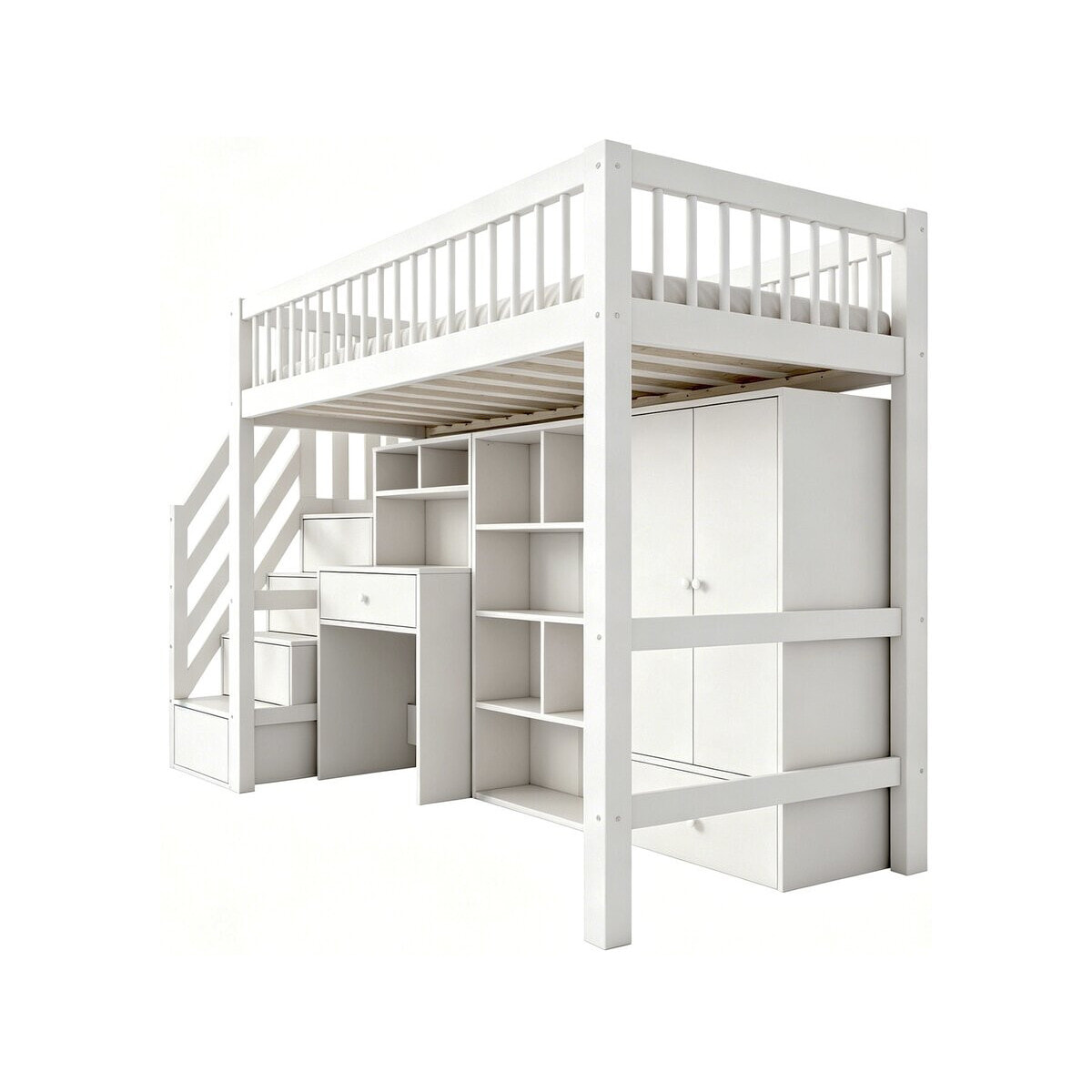 Lit mezzanine en bois avec dressing et bureau intégré "Amélia" - 90 x 190 cm - Blanc