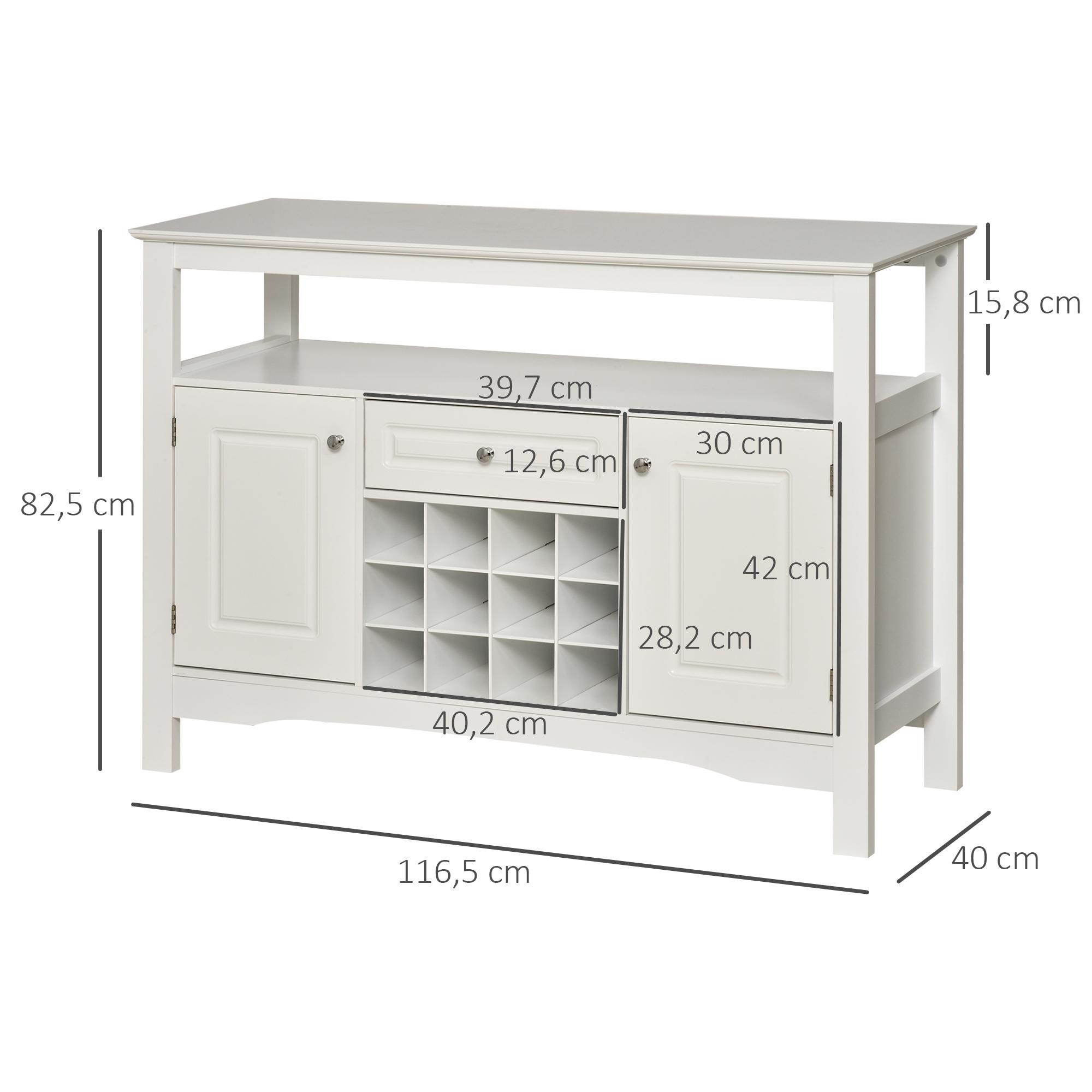 HOMCOM Aparador de Cocina Aparador de Comedor con 1 Cajón 1 Estante Abierto 2 Puertas y Botellero para 12 Botellas para Salón 116,5x40x82,5 cm Blanco