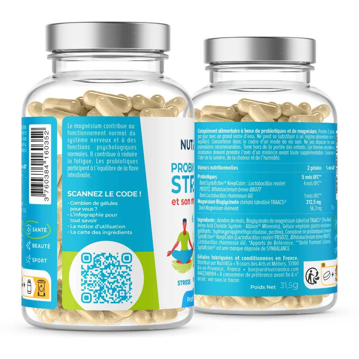 Nutri&Co Probiotiques Anti-Stress Breveté + Magnésium - 60 gélules Vegan