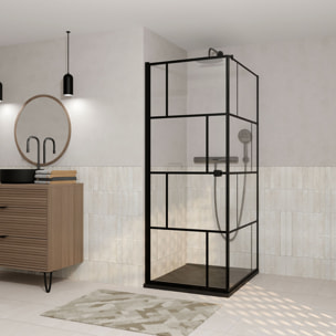 Porte de douche Pivotante 80x180cm et Retour 80 cm - Sérigraphie Noire Motif Brique - Verre 5mm