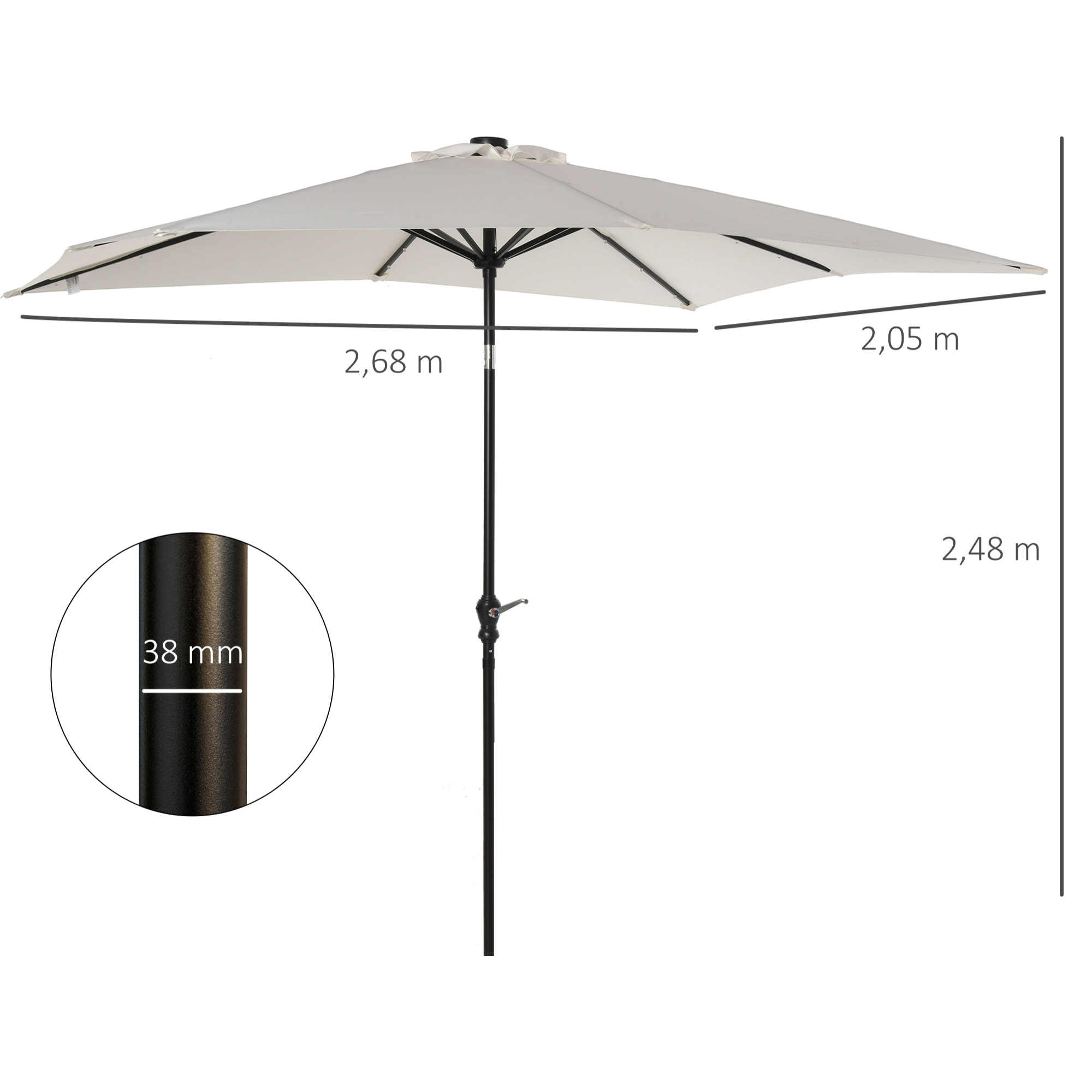 Sombrilla Terraza Exterior 268x205x248 cm Sombrilla de Jardín con Techo Inclinable hasta 45° Luces LED Solares Poste de Acero y Manivela Parasol para Patio Terraza Blanco