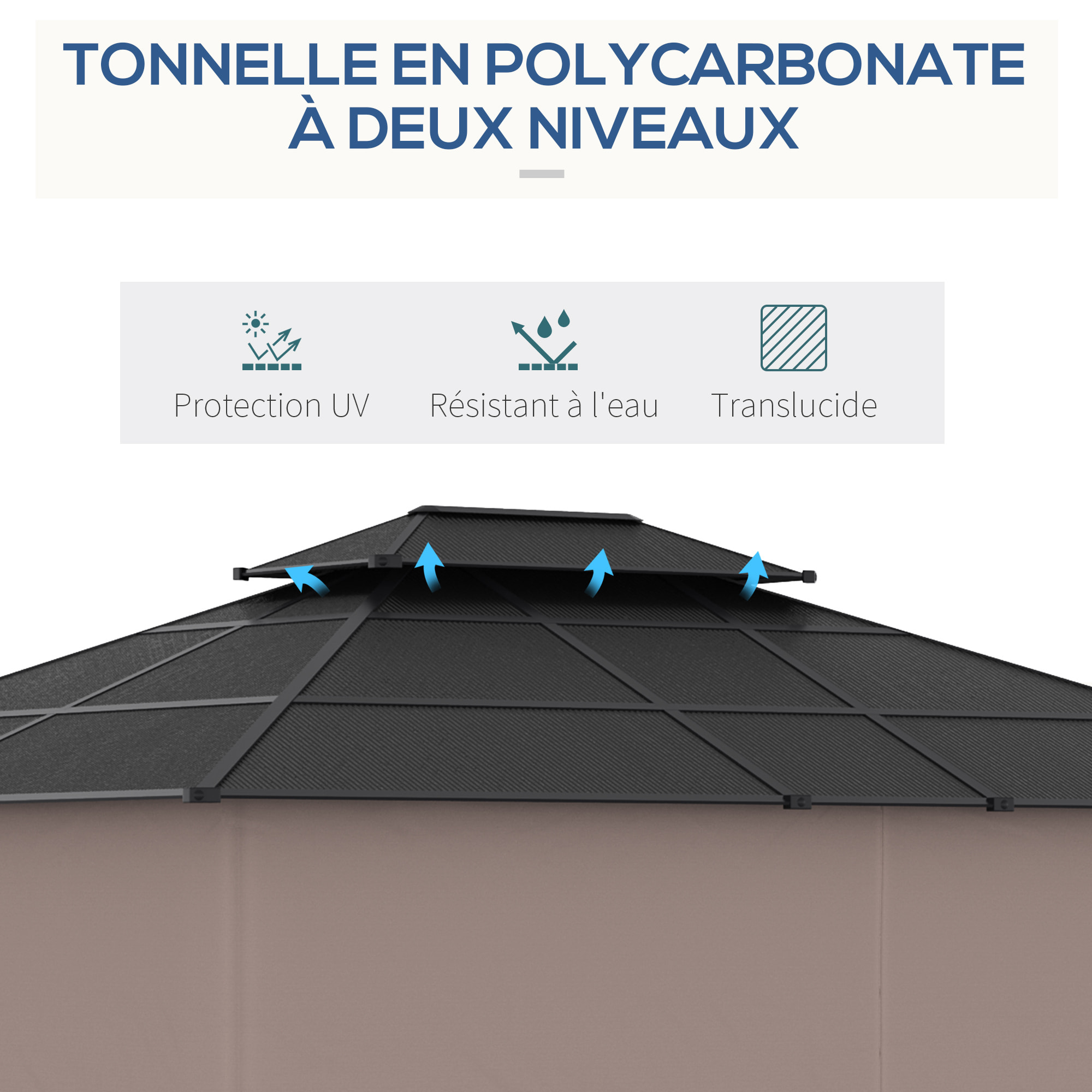 Pavillon de jardin tonnelle rigide dim. 3,6L x 3l x 2,78H m rideaux latéraux anti-UV structure gris toit polycarbonate noir