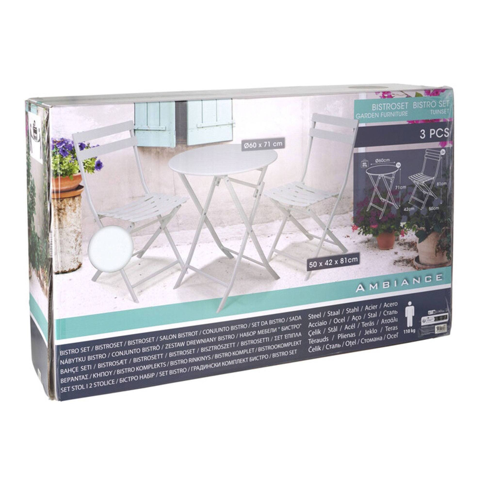 Set bistro plegable de 3 piezas (mesa 60cm + 2 sillas) en acero y blanco mate, compacto para balcón