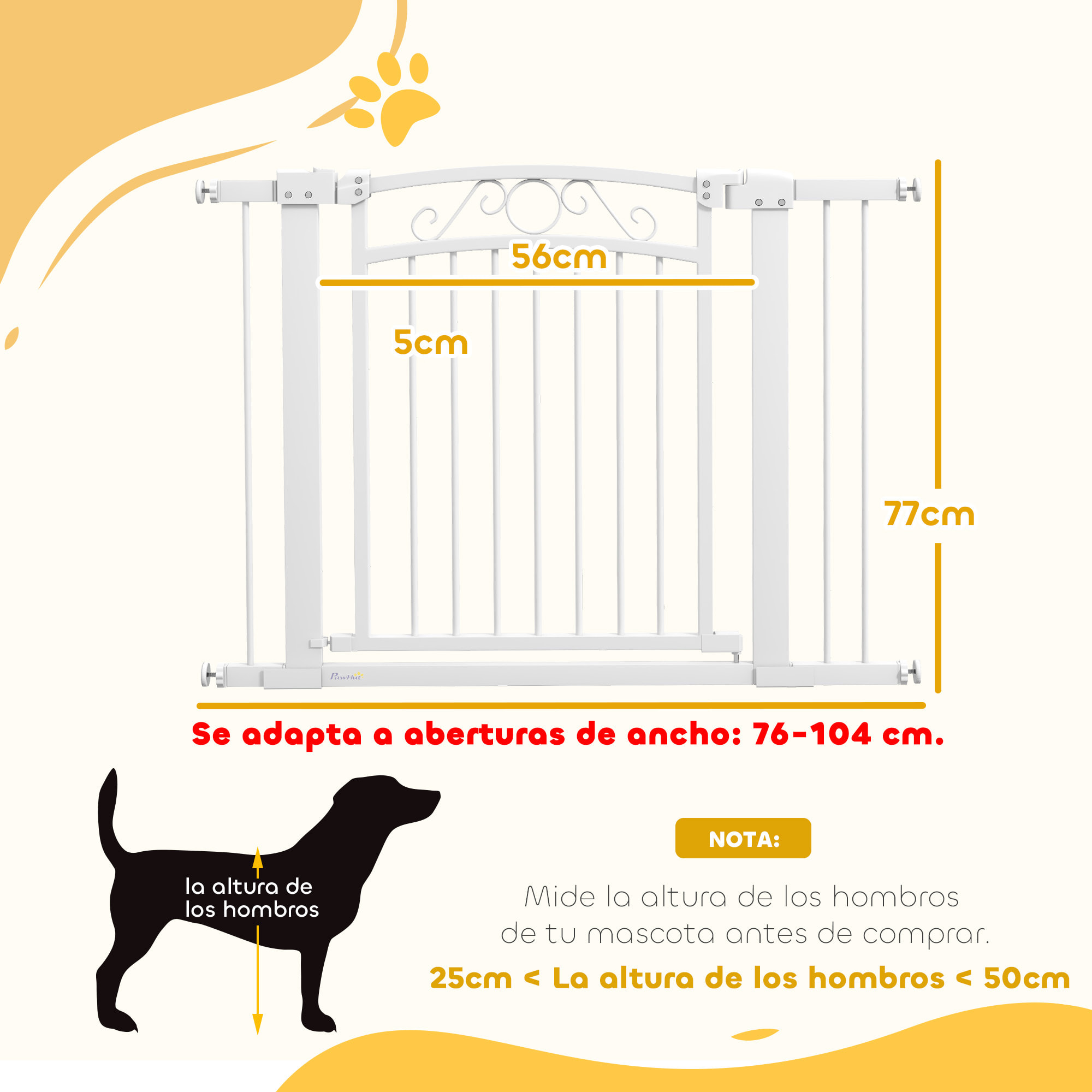 Barrera para Perros Puerta para Perros con Ancho Ajustable 76-104 cm Barrera de Seguridad para Perros con 2 Extensiones y Doble Bloqueo para Escaleras y Puertas Blanco