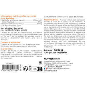 NUTRI EXPERT - Effimincil brûleur de graisses - Formule 100% végétale - Double action minceur - 120 gélules végétales - Cure de 30 jours