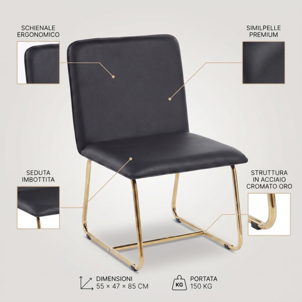 Sedia Imbottita in Similpelle con Gambe Oro, Design Moderno ed Elegante per Sala da Pranzo, Cucina, Soggiorno, Studio e Ufficio