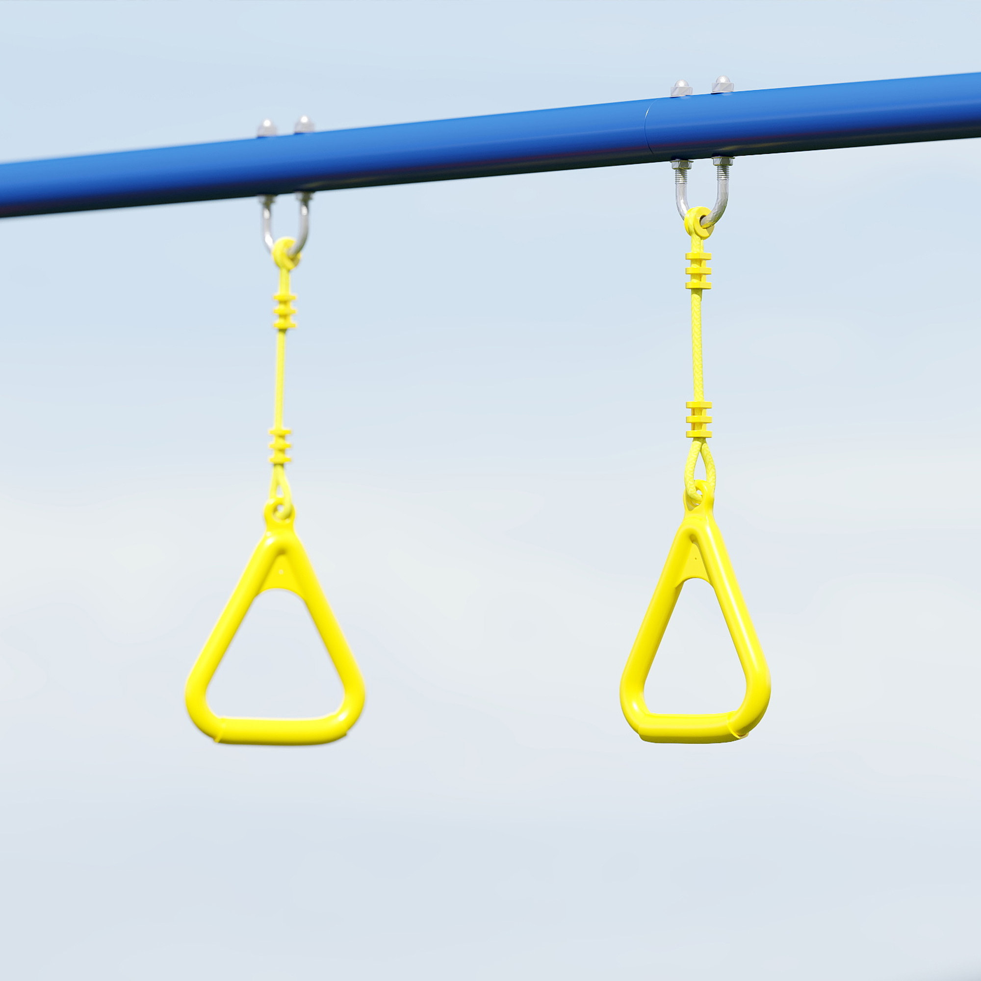 Balançoire 3 agrès - balançoire disque, balançoire une place, anneaux - acier jaune bleu