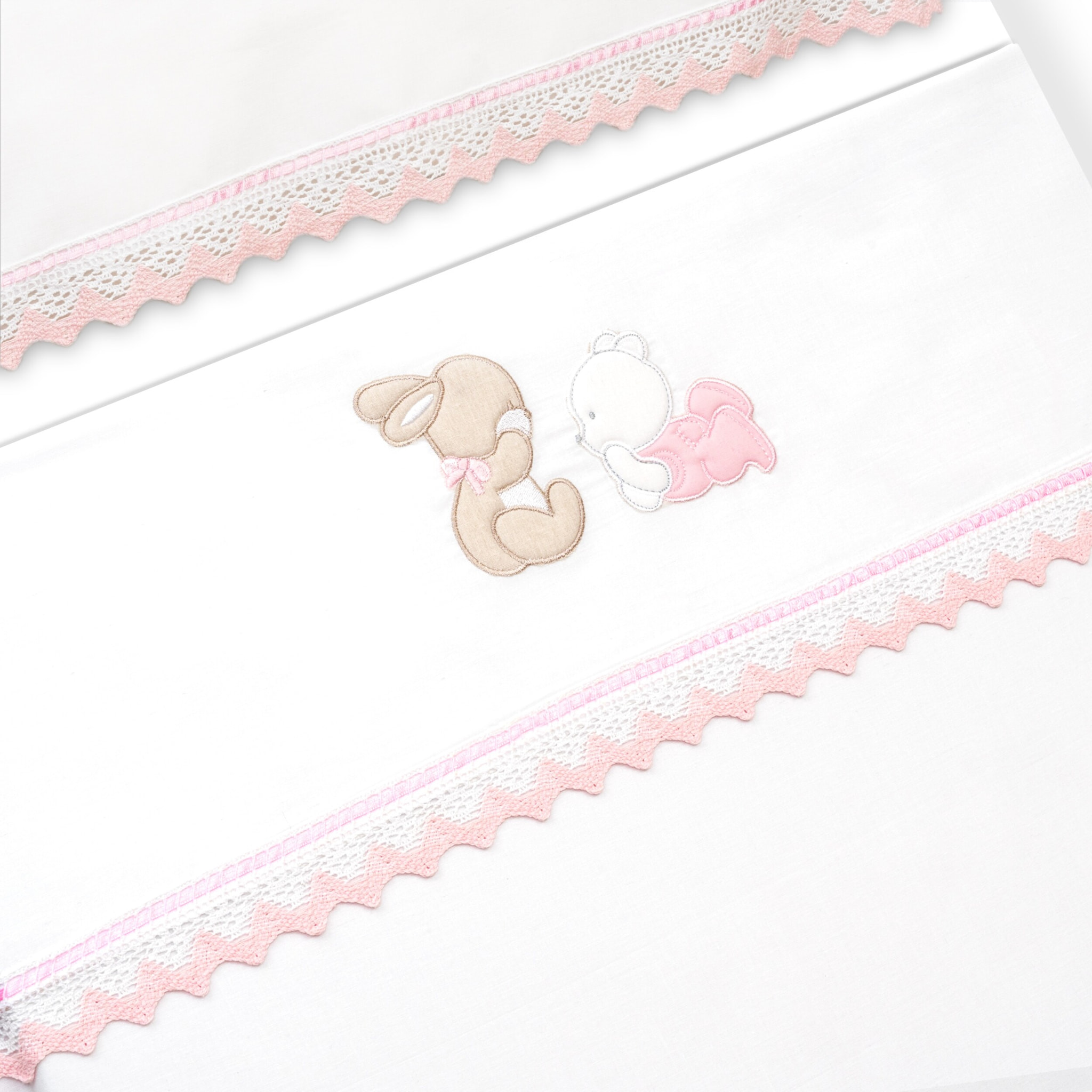 Triptico Minicuna Guipur Oso Tumbado Conejito Bco/Rosa