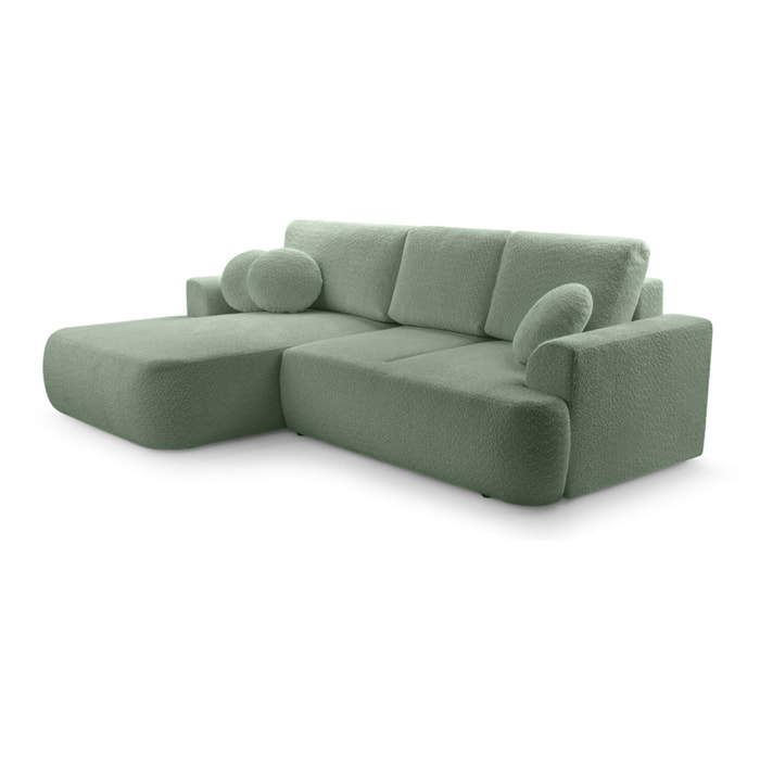 Candela - canapé d'angle gauche 4 places - convertible avec coffre - en tissu bouclette - Vert sauge