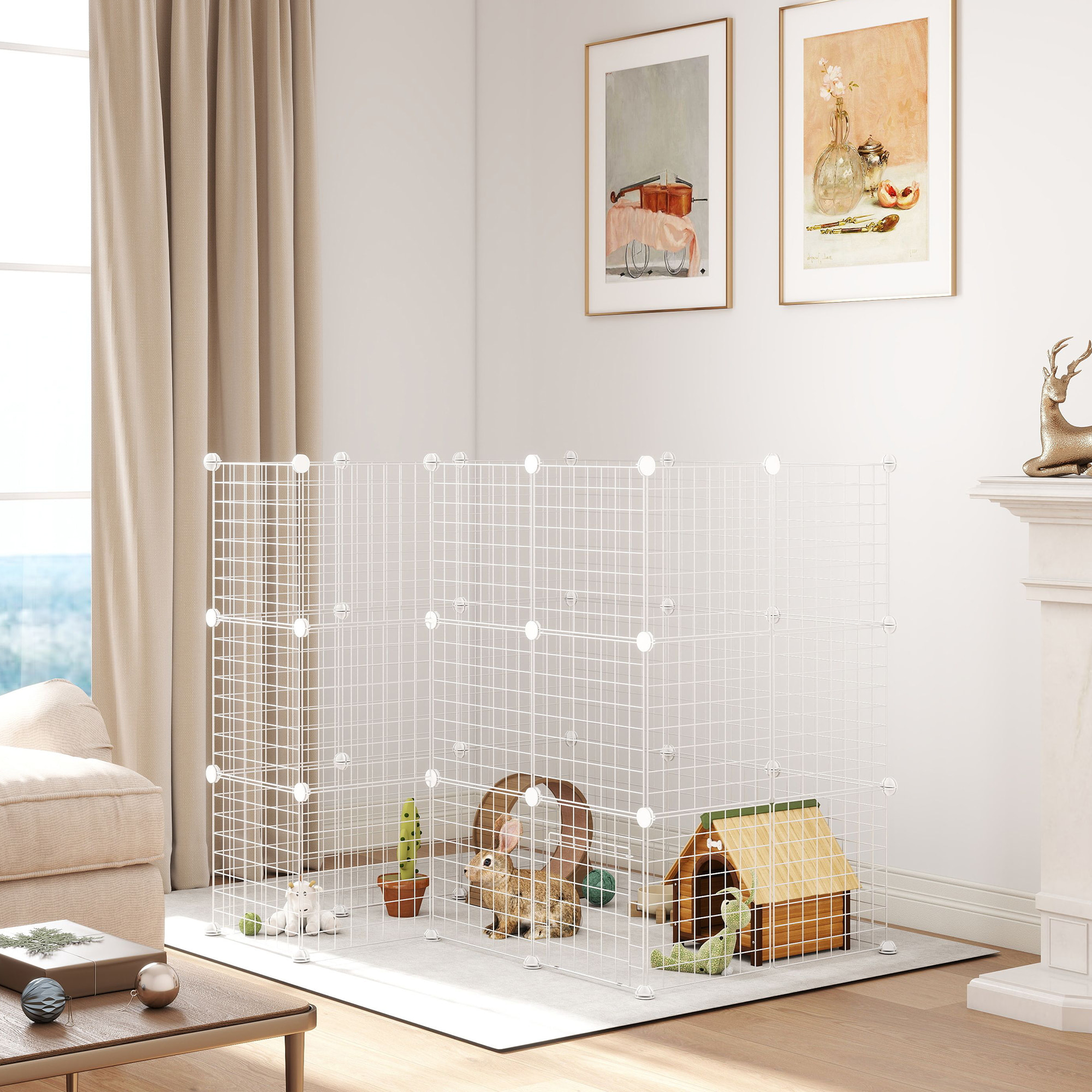 Cage parc enclos pour animaux domestiques L 146 x l 73 x H 73 cm modulable 2 niveaux 36 panneaux bords arrondis fil métallique blanc