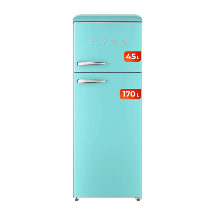 EVVO Frigorífico 2 puertas F45 Retro Azul pastel, 170 L + 45 L, diseño vintage, Crisper Zone, libre de CFC, silencioso