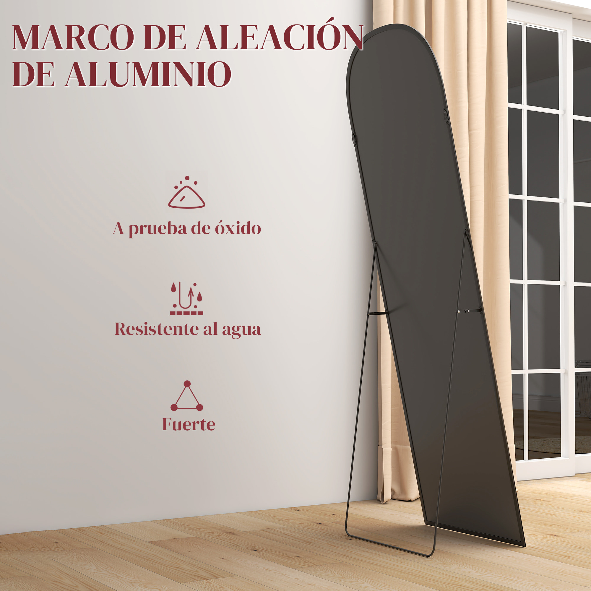 Espejo de Pie Cuerpo Entero 165x60 cm con Marco de Aleación de Aluminio, Espejo de Pared Rectangular para Colgar con Soporte, 2 Formas de Uso, para Salón, Entrada y Dormitorio, Negro