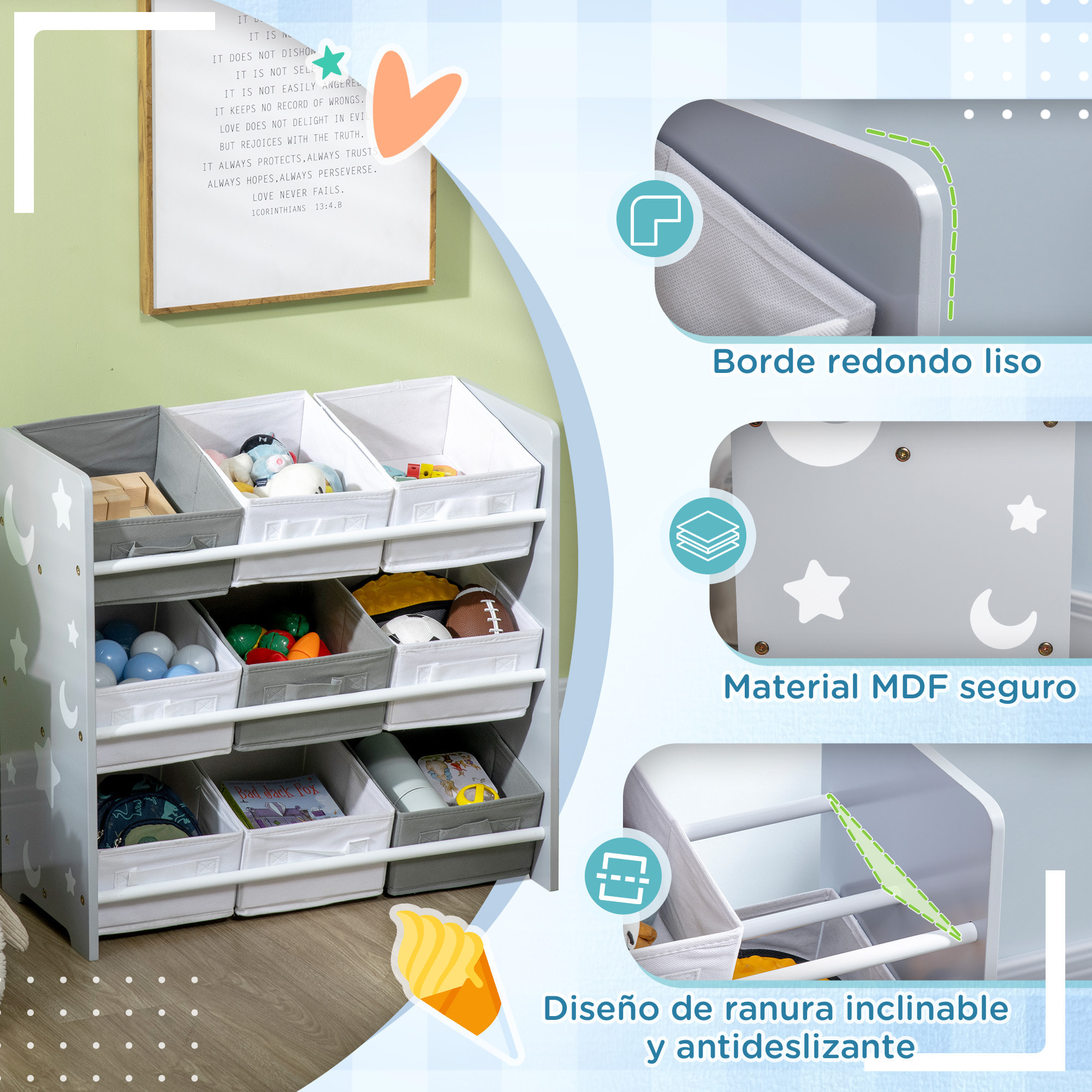 Estantería Infantil con 9 Cajas de Tela no Tejida Extraíbles Organizador de Juguetes para Dormitorio Guardería 63x30x60 cm Gris