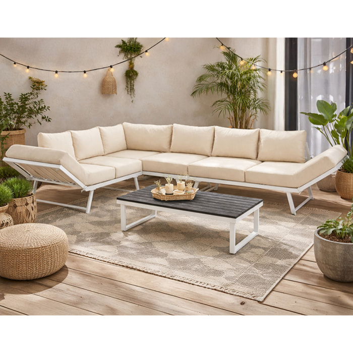 Konna - salon de jardin d'angle en acier blanc - 5 places - coussin beige et table incluse - Beige/Blanc