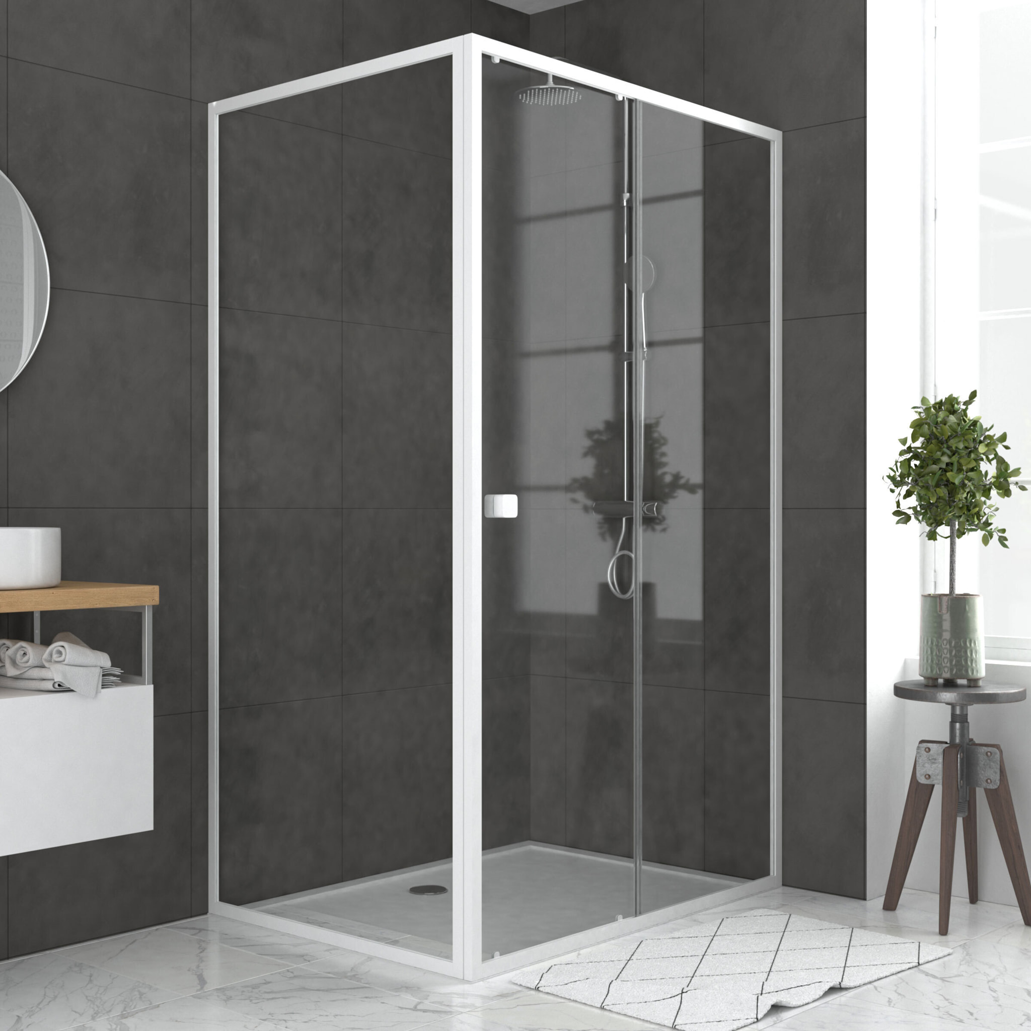 Pack porte de douche Coulissante blanc 120X185 cm + paroi de retour 80cm + receveur à poser - WHITY