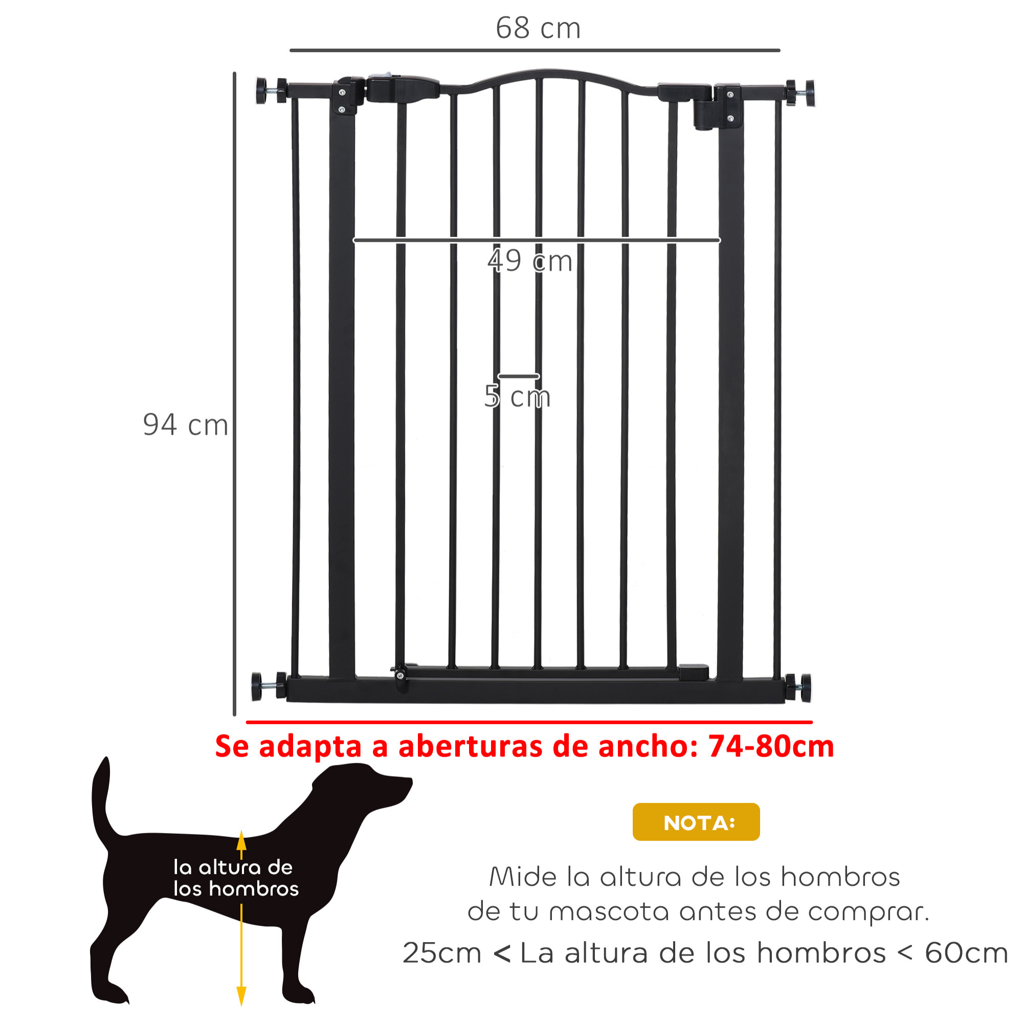 Barrera de Seguridad para Perros Extensible 74-80 cm para Puertas y Escaleras Puerta de Seguridad para Mascotas con Extensiones Montaje a Presión y Doble Bloqueo Negro