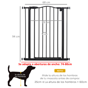 Barrera de Seguridad para Perros Extensible 74-80 cm para Puertas y Escaleras Puerta de Seguridad para Mascotas con Extensiones Montaje a Presión y Doble Bloqueo Negro