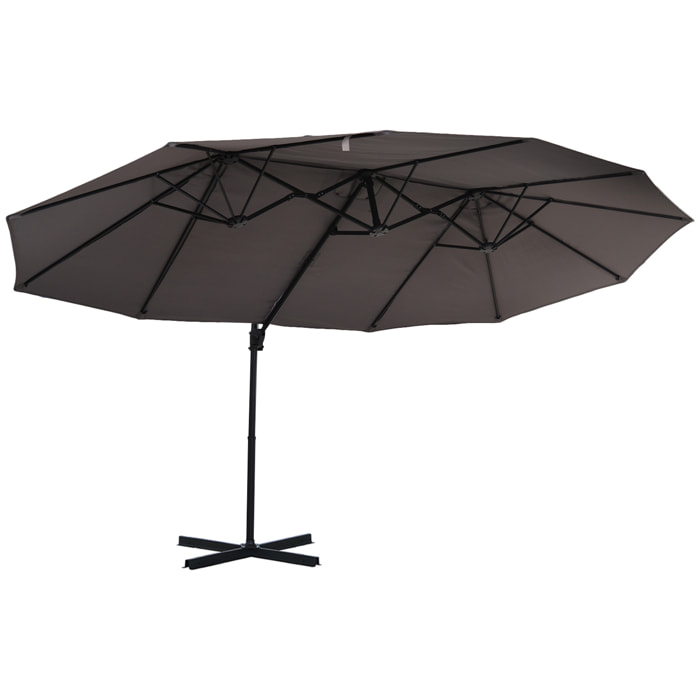 Parasol déporté grande taille XXL inclinable dim. 4,4L x 2,7l x 2,5H m piètement en acier inclus polyester gris