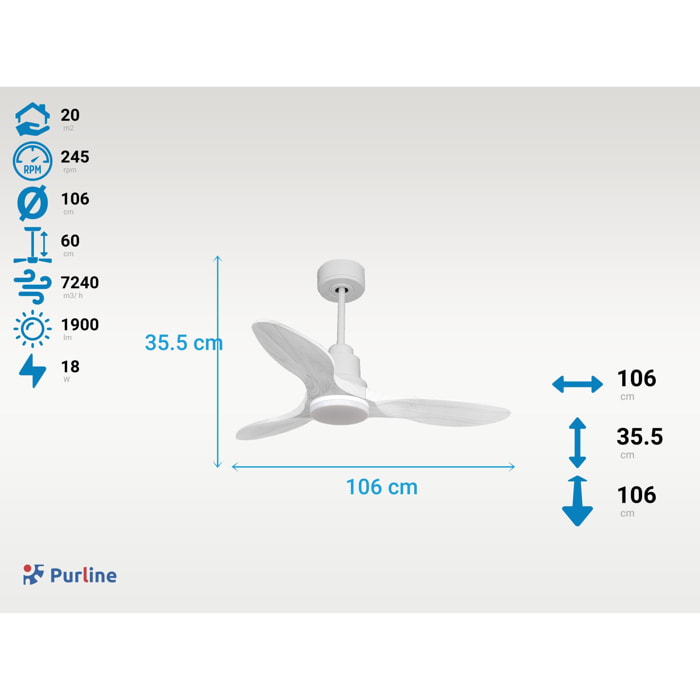Ventilateur de plafond Réversible  Thermostat Dimmable Wifi Moteur à courant continu Toits en pente Télécommande Lumière à trois tons Hypersilence Mémoire