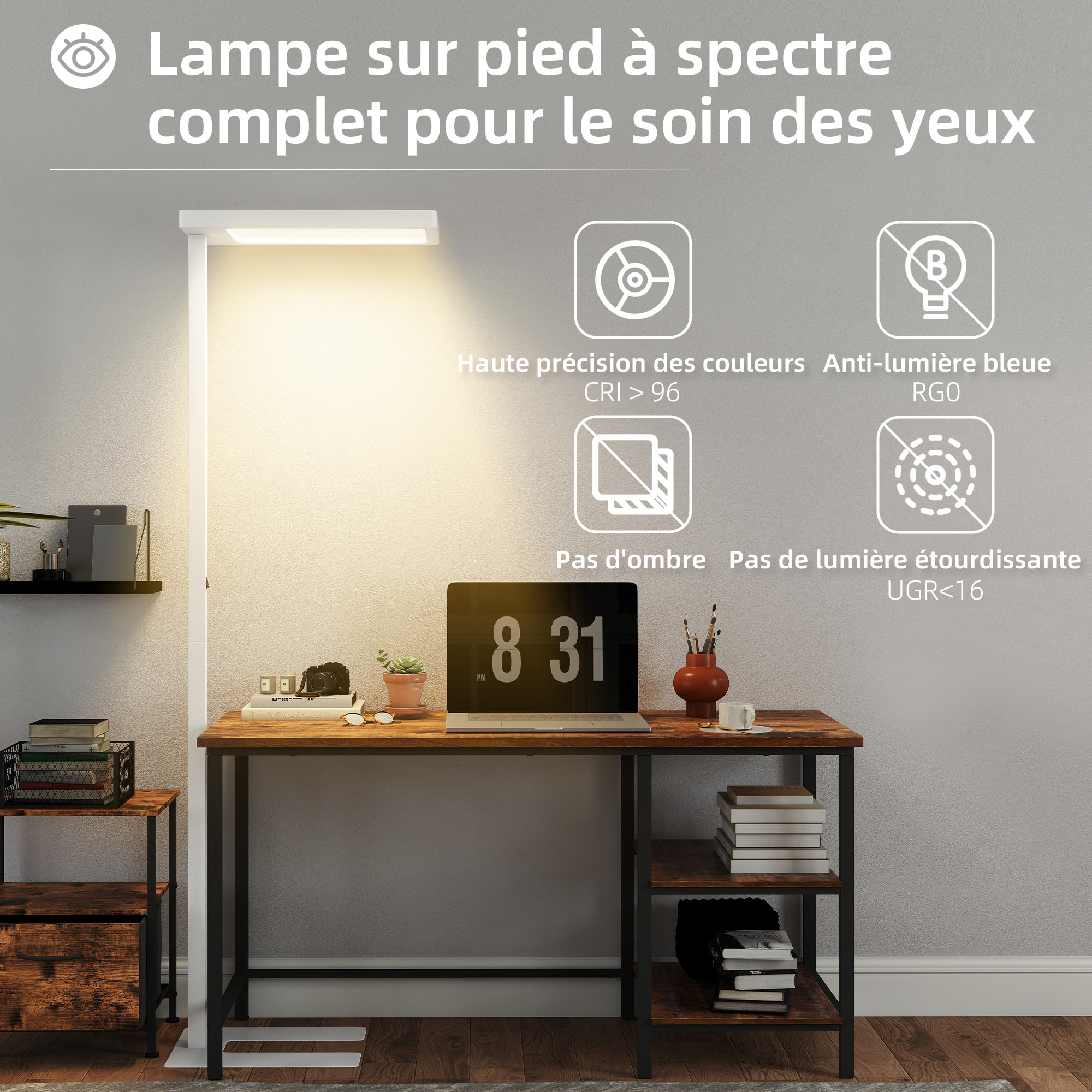 Lampadaire LED dimmable sur pied de bureau 1560LM 40W H.196cm spectre complet réglable télécommande blanc