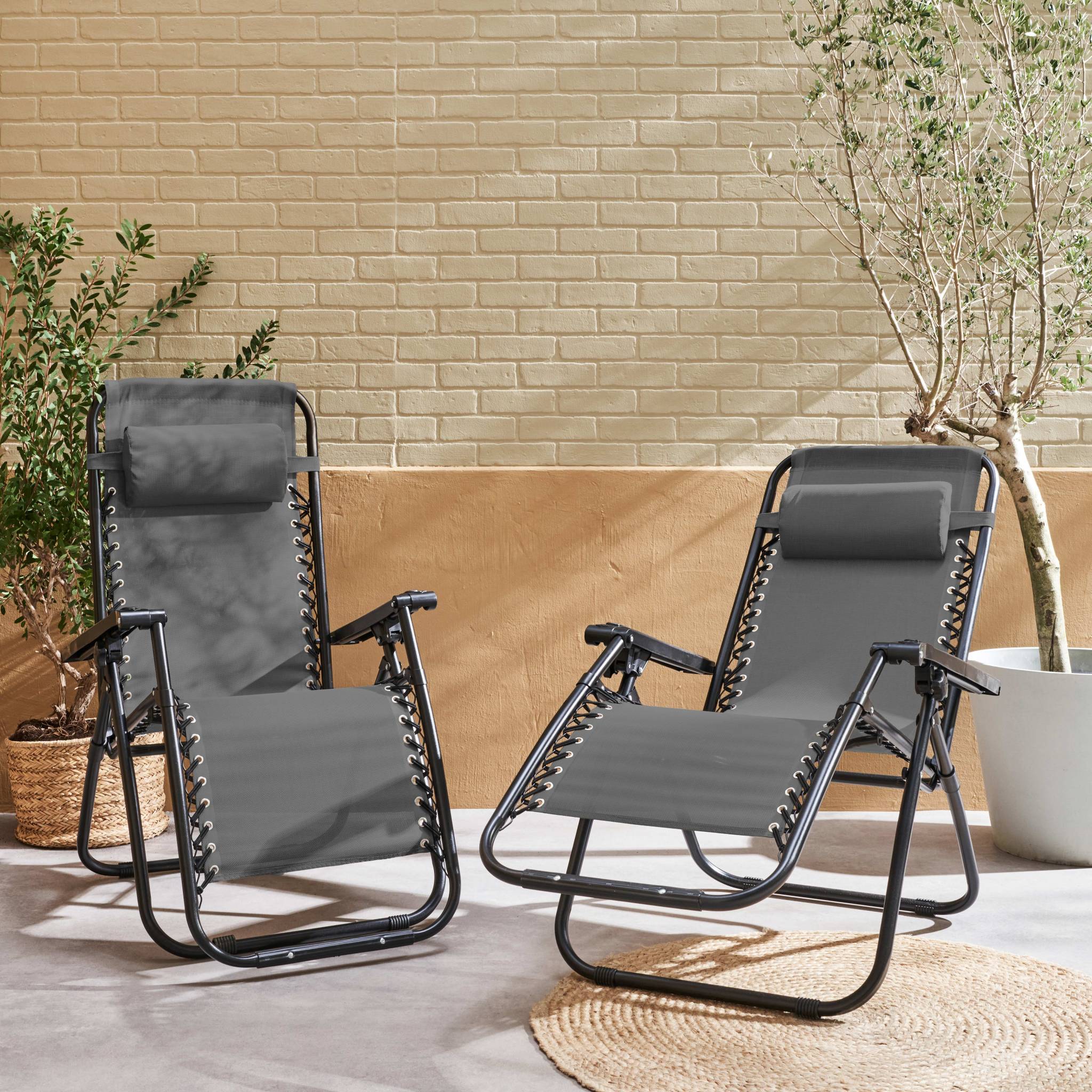 Lot de 2 fauteuils relax – Patrick – Textilène. pliables. multi-positions. gris