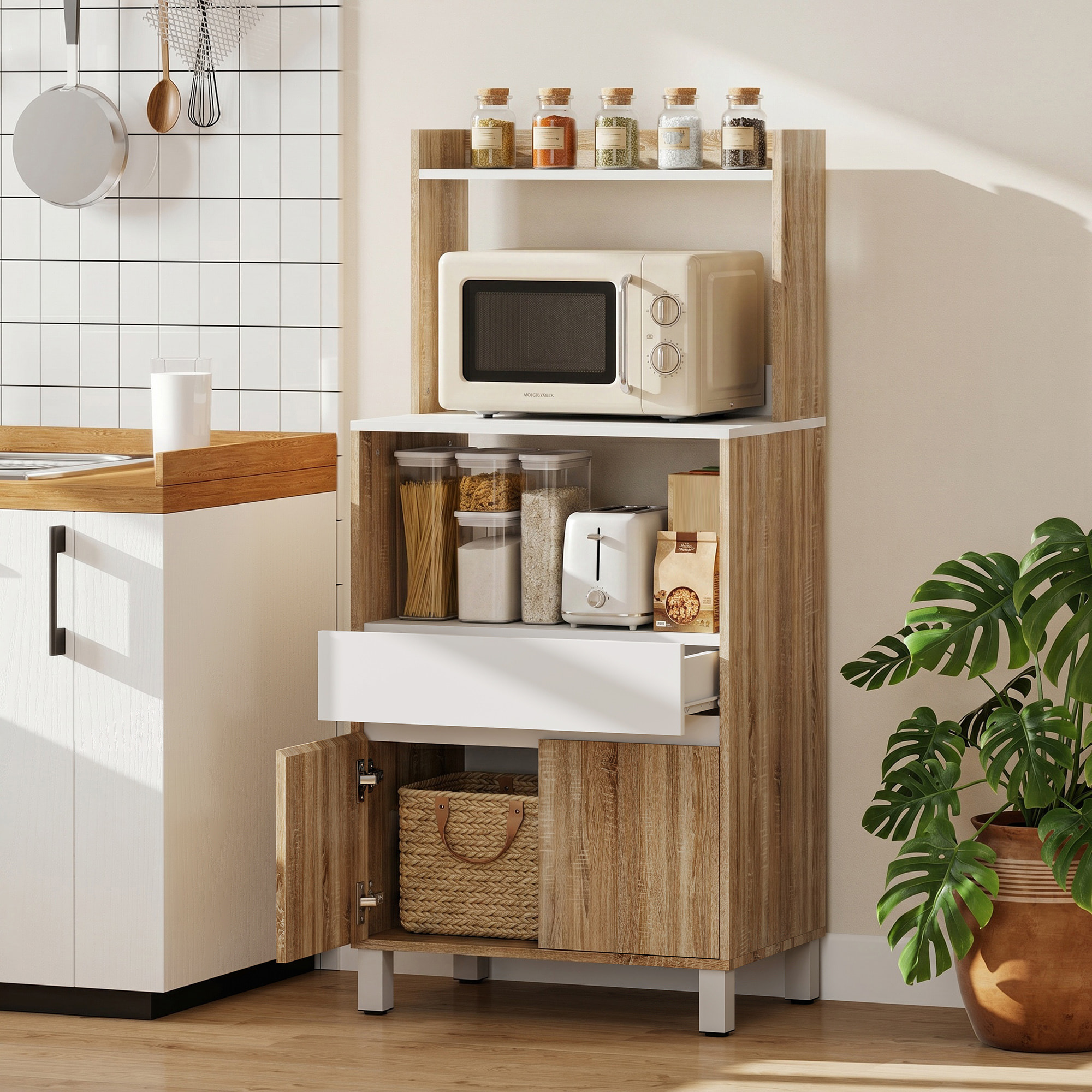 Meuble de rangement desserte de cuisine pour micro-ondes avec placard tiroir étagère supérieur 60 x 40 x 131 cm naturel et blanc