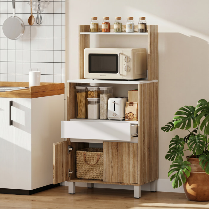Meuble de rangement desserte de cuisine pour micro-ondes avec placard tiroir étagère supérieur 60 x 40 x 131 cm naturel et blanc