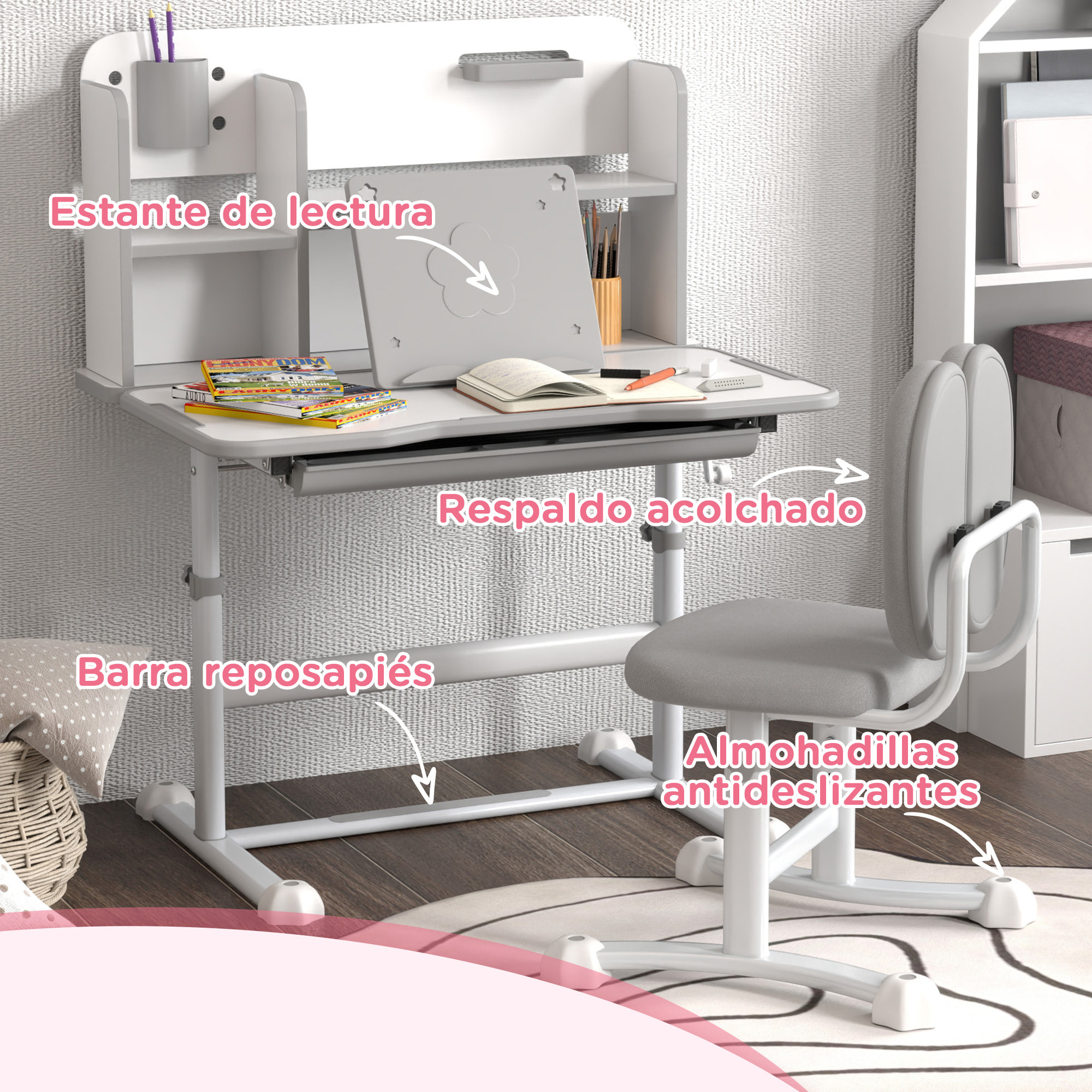 Juego de Escritorio y Silla para Niños de +3 Años, Pupitre Infantil Altura Ajustable con Tablero Inclinable, Cajón y Estantes, Respaldo Acolchado, para Libros, 80x55x107,5 cm, Gris