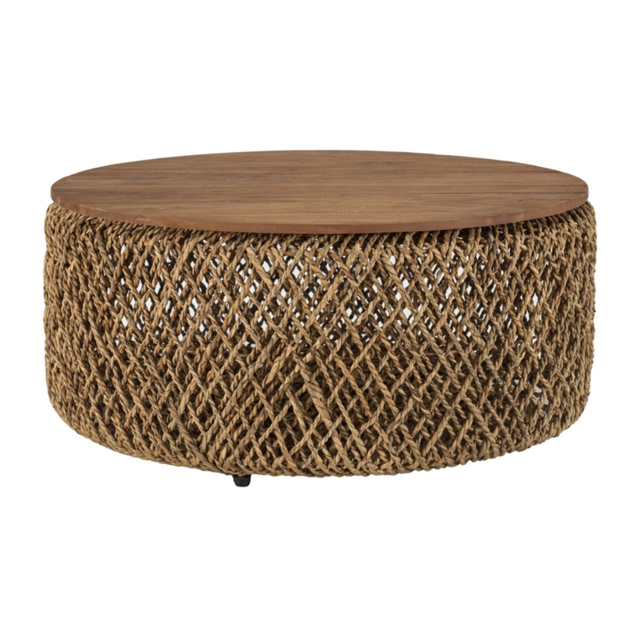 SIXTINE - Table basse ronde diam85 rotin plateau bois de teck recyclé