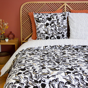 Parure housse de couette en microfibre motif feuillage - blanc et noir