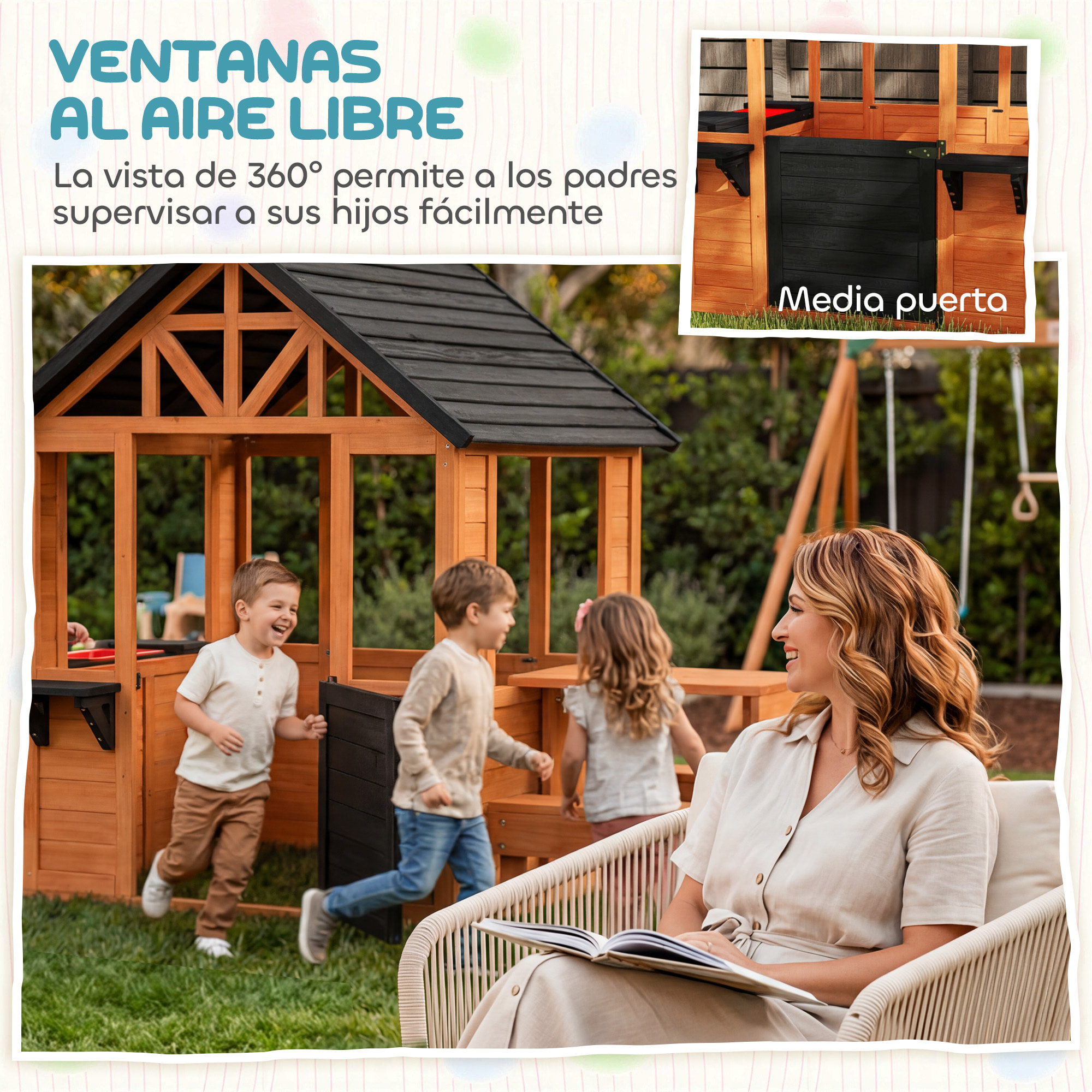 Casita Infantil Exterior e Interior de Madera, Casita Infantil con Barra de Snack y Bancos, Mesa Lateral, Fregadero, Maceteros, Ventanas, Casa de Jardín para Niños de 3-8 Años, Marrón Claro