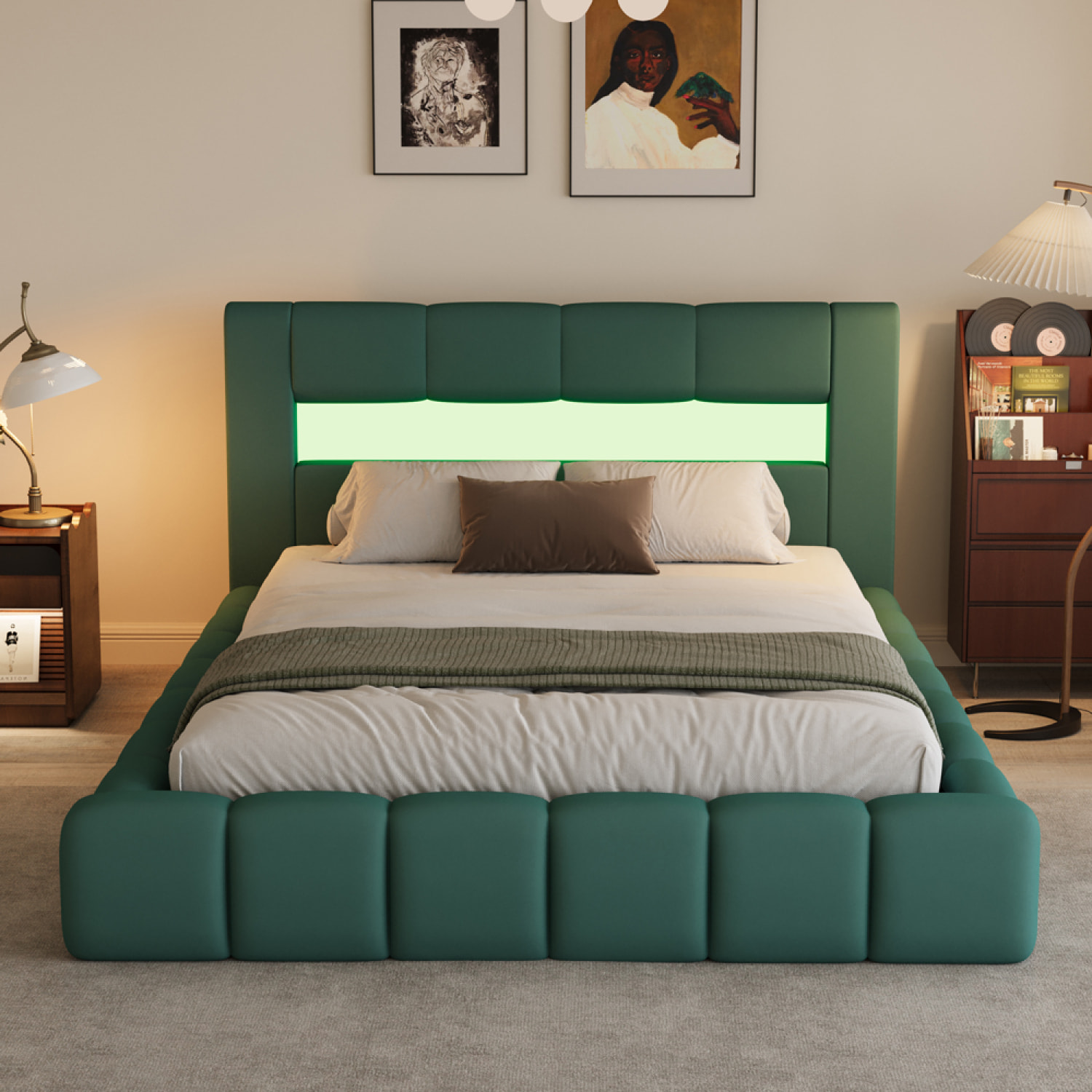 MAKILA Lit nuage coffre LED 160x200cm velours vert avec tête de lit et sommier
