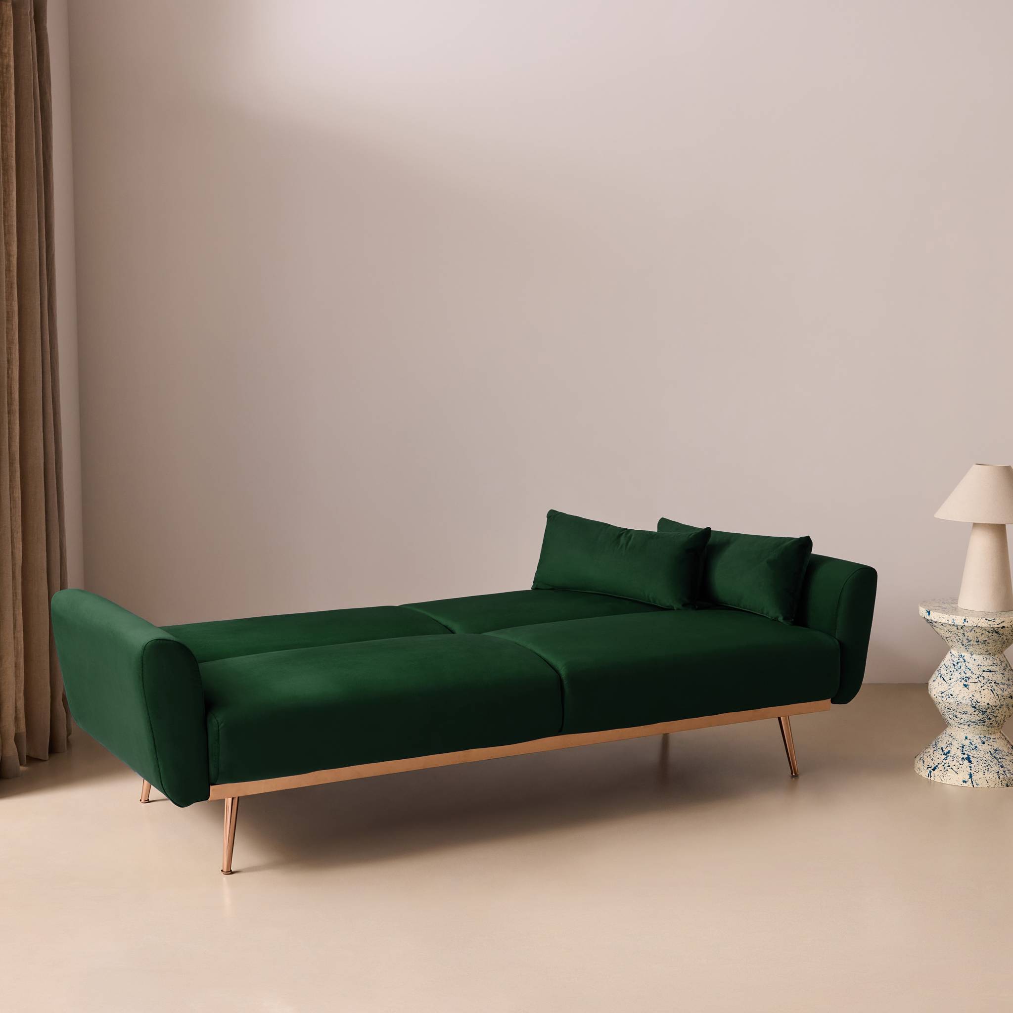 Canapé convertible 2-3 places bois d'eucalyptus métal et velours OSKAR