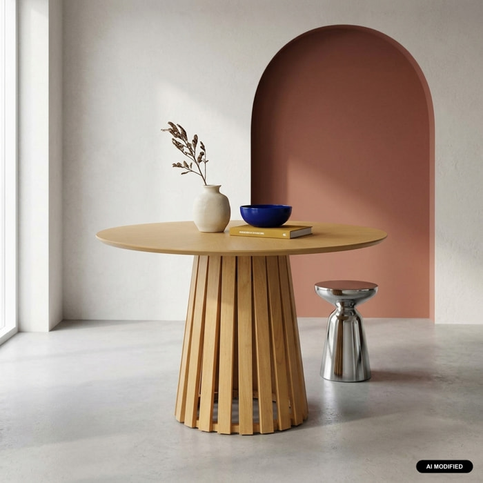 Table à manger ronde bois d'hévéa placage chêne 4 places ANGÈLE