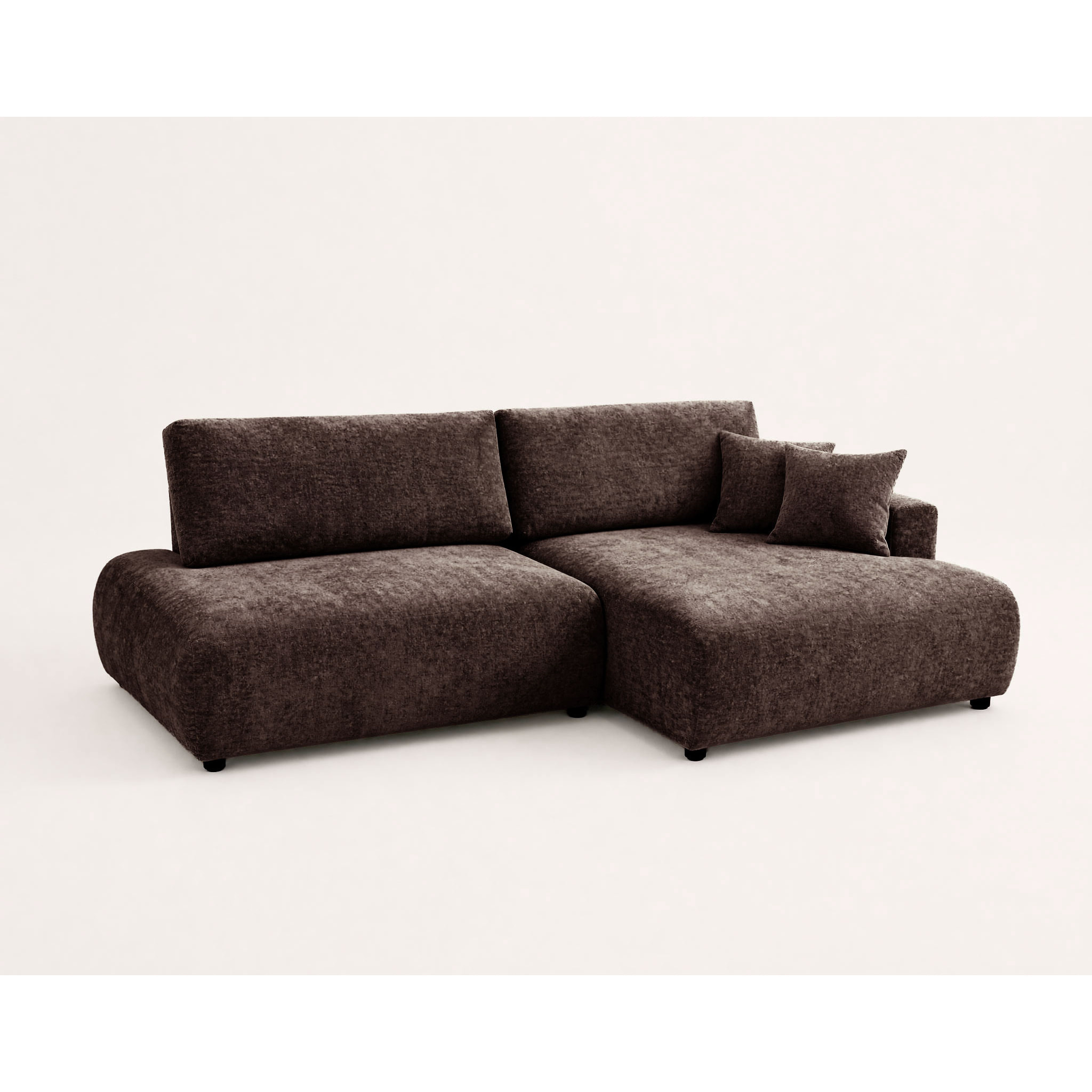Pivoine - Canapé d'angle ouvert droit 4 places convertible avec coffre en tissu texturé - Marron