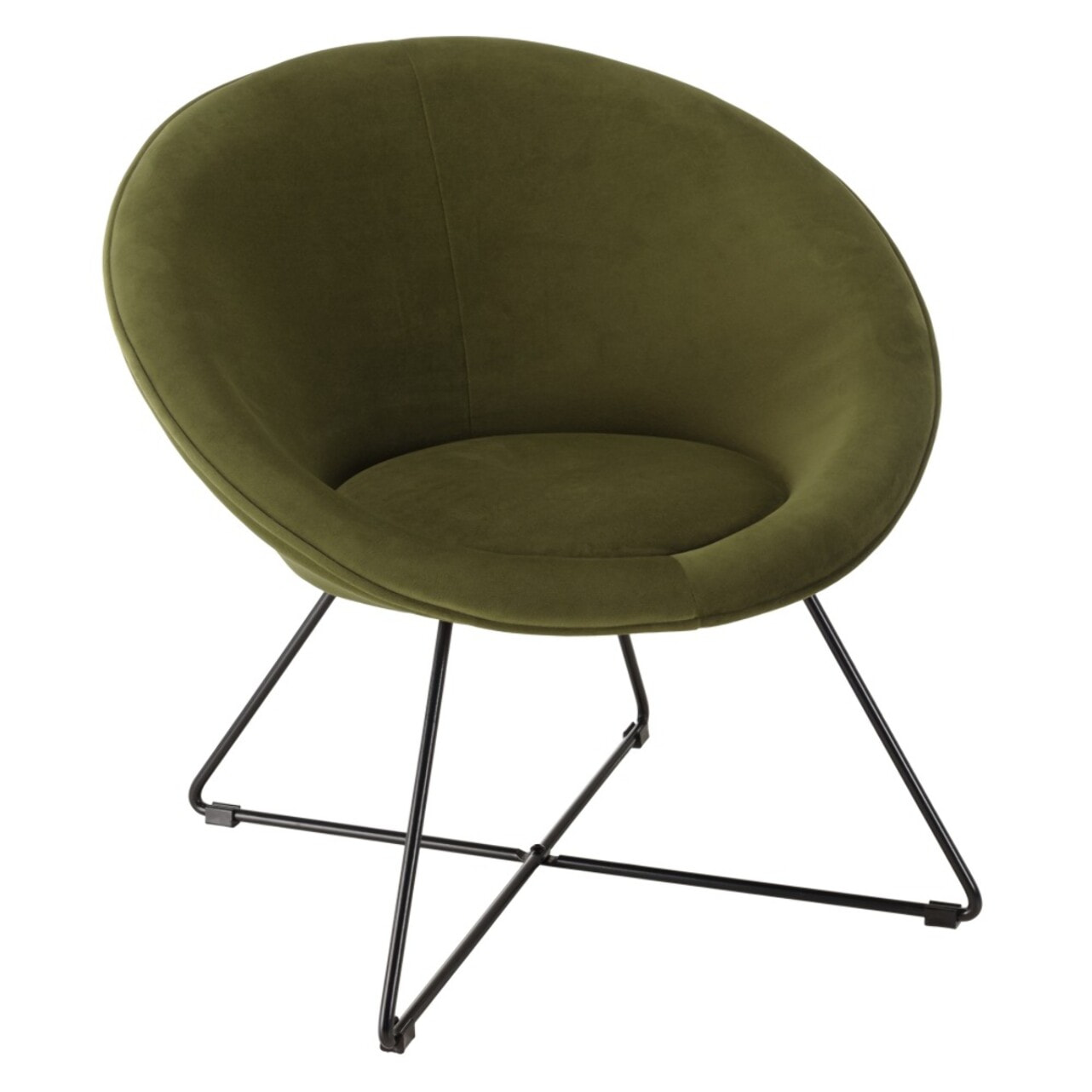 AGATHE - Fauteuil tissu velours vert olive pieds croisés métal noir