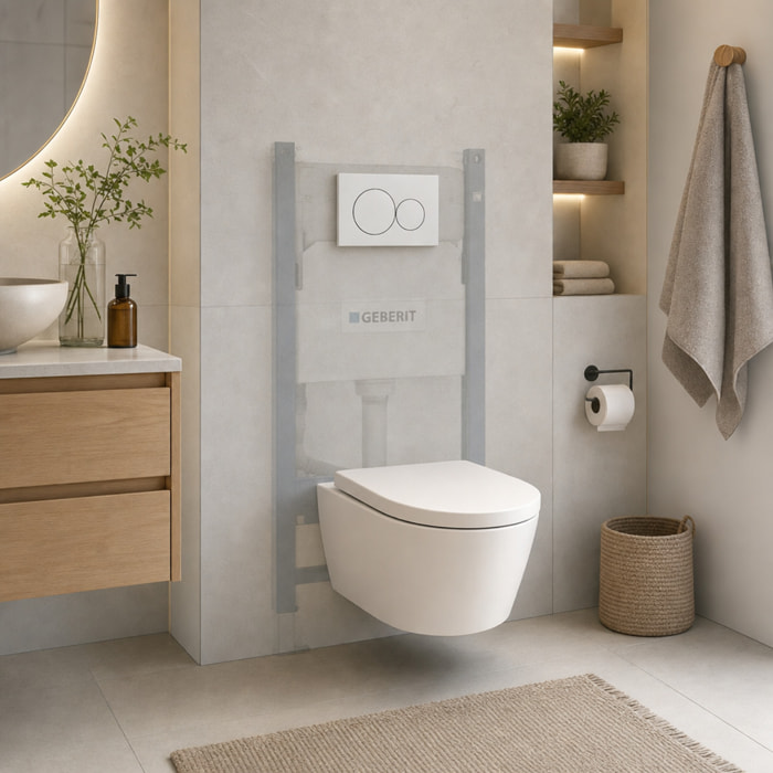 Pack Bati-support Geberit 112cm + Cuvette Swiss Aqua Technologies sans bride + Plaque blanche (SATrimlessGeb3-RT)