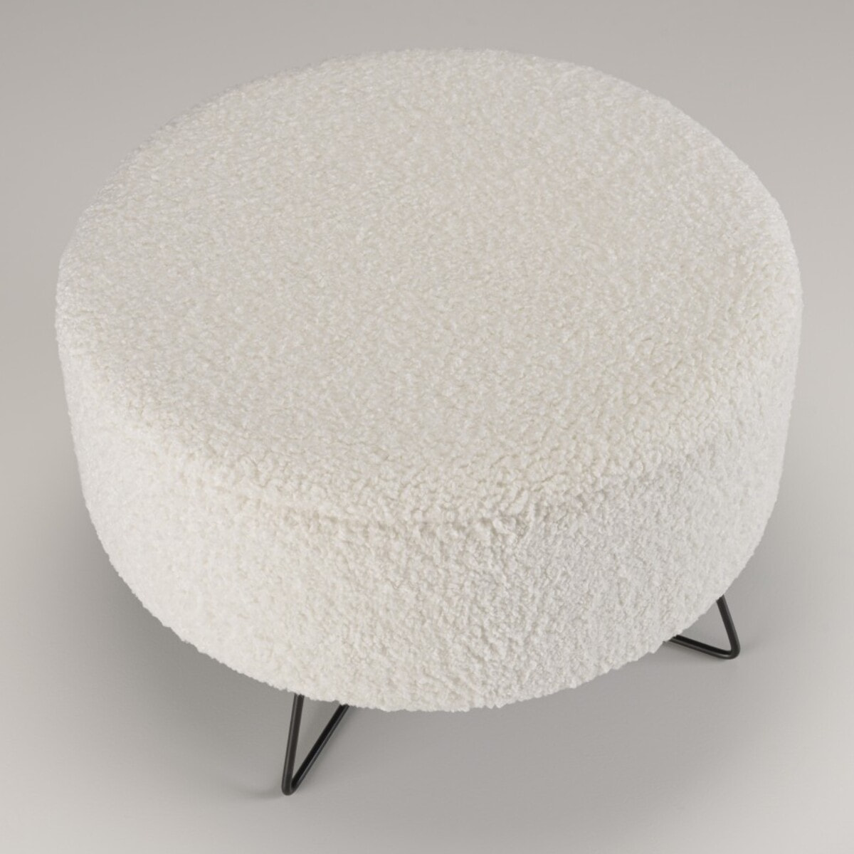 AGATHE - Pouf rond tissu bouclette blanc pieds croisés métal noir