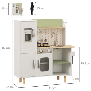 Cocina de Juguete de Madera para Niños de 3-6 Años Cocinita Infantil con Máquina de Hielo Fregadero de Acero Inoxidable Móvil Taza y Utensilios 84x34x89 cm Blanco