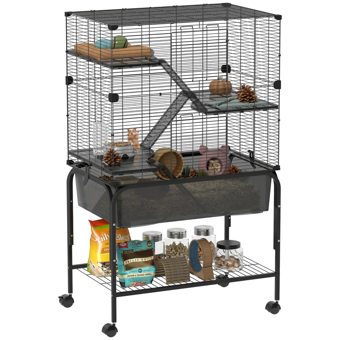 Jaula para Animales Pequeños de 4 Niveles con Ruedas Jaula para Roedores con Bandeja Profunda Rampas Plataformas Comedero y Bebedero Recinto para Chinchillas Hurones Hámster 73x47x123 cm Negro