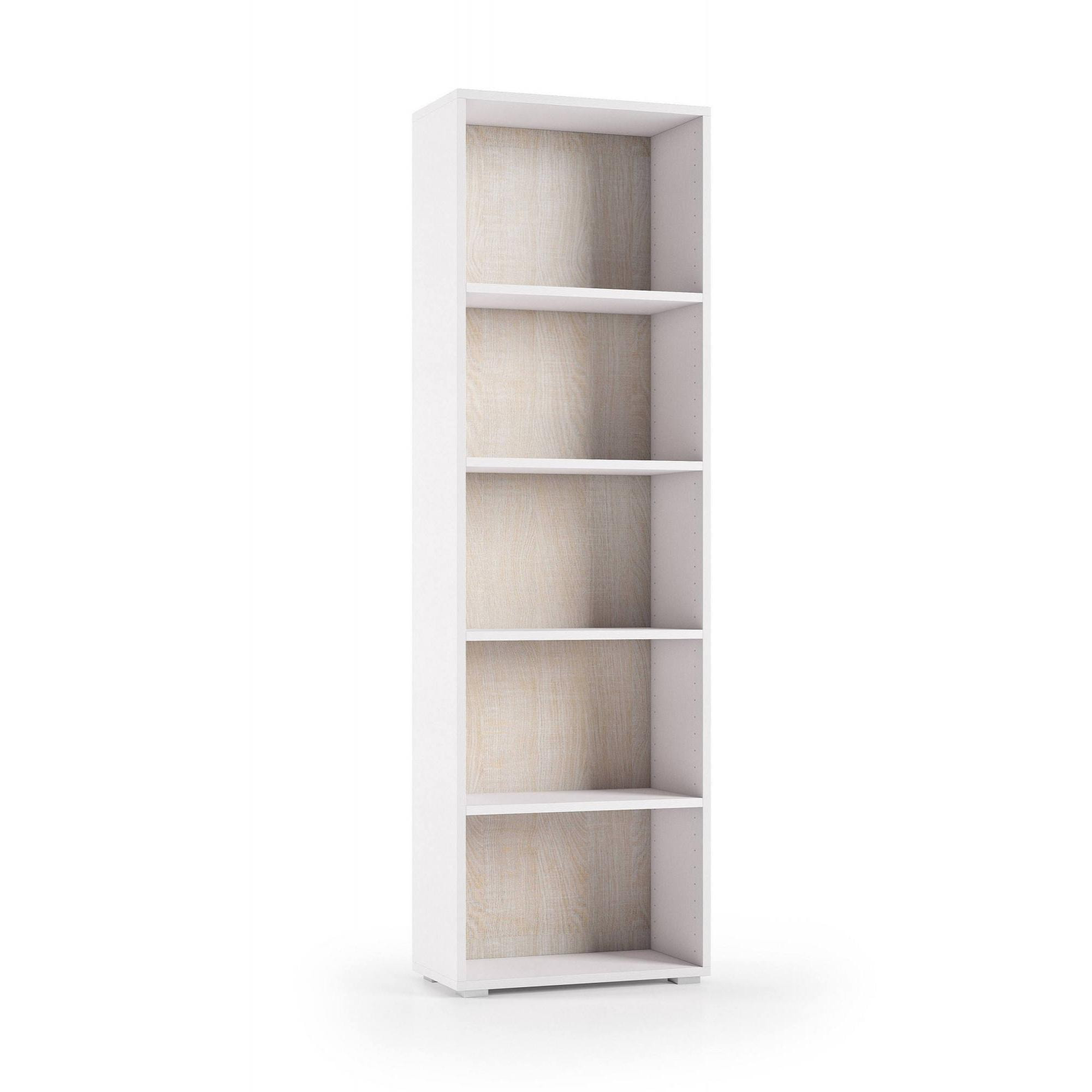 Libreria Girasole, Biblioteca a 4 ripiani regolabili, Scaffale per libri, Mobile da parete con ripiani, 100% Made in Italy, Cm 60x30h195, Bianco e Rovere