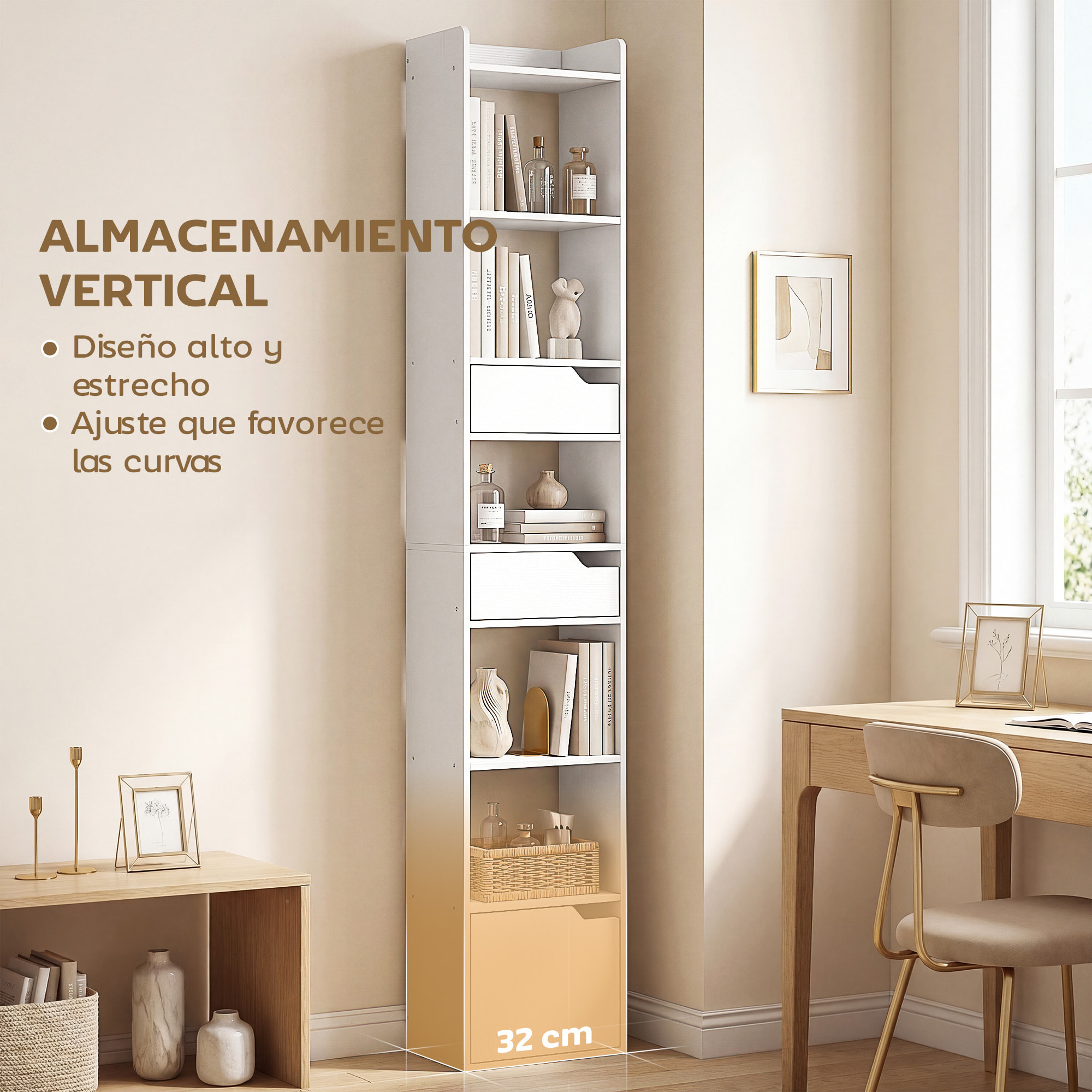 Estantería para Libros con 2 Cajones y Puerta, Librería Estrecha con 6 Estantes Abiertos, Armario Alto para Salón, Estudio, Oficina, 32x24x181,5 cm, Blanco