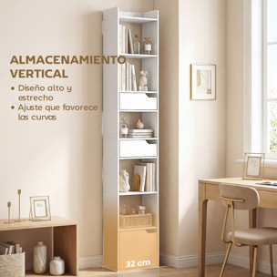 Estantería para Libros con 2 Cajones y Puerta, Librería Estrecha con 6 Estantes Abiertos, Armario Alto para Salón, Estudio, Oficina, 32x24x181,5 cm, Blanco