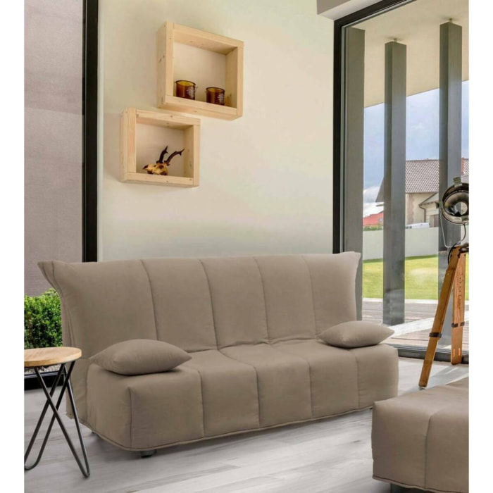 Divano letto 2 posti Ariska, Sofà con apertura a carrello in tessuto imbottito, Cuscini inclusi, 100% Made in Italy, Cm 125x90h85, Tortora