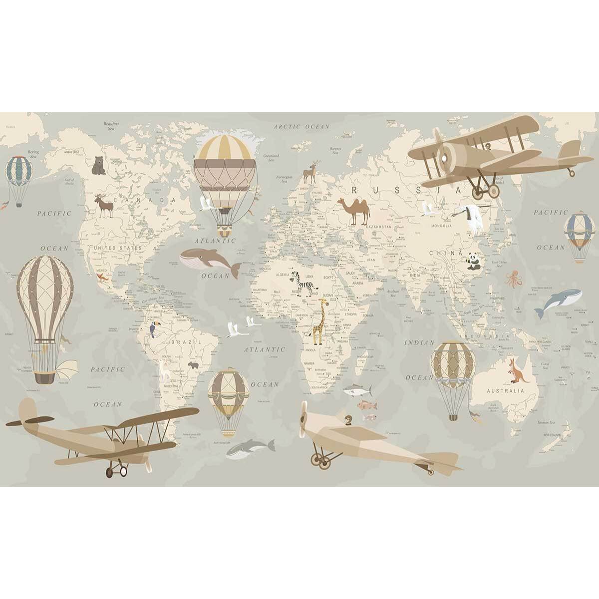 Tableau enfant carte du monde avions et montgolfières - 80x50 cm Toile imprimée