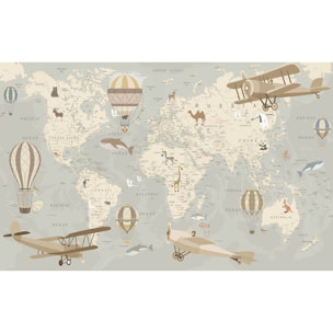 Tableau enfant carte du monde avions et montgolfières - 80x50 cm Toile imprimée