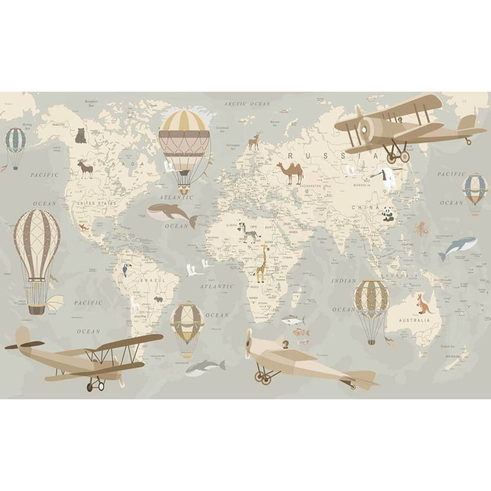 Tableau enfant carte du monde avions et montgolfières - 80x50 cm Toile imprimée
